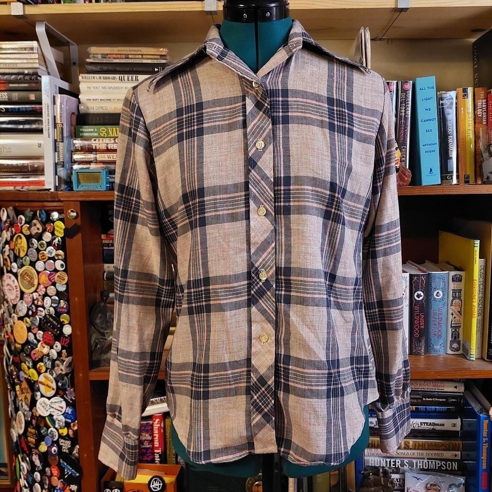 Vintage Tucci Plaid Button Up Shirt 70s 80s Pink Grey Navy Blue Size‎ 11/12